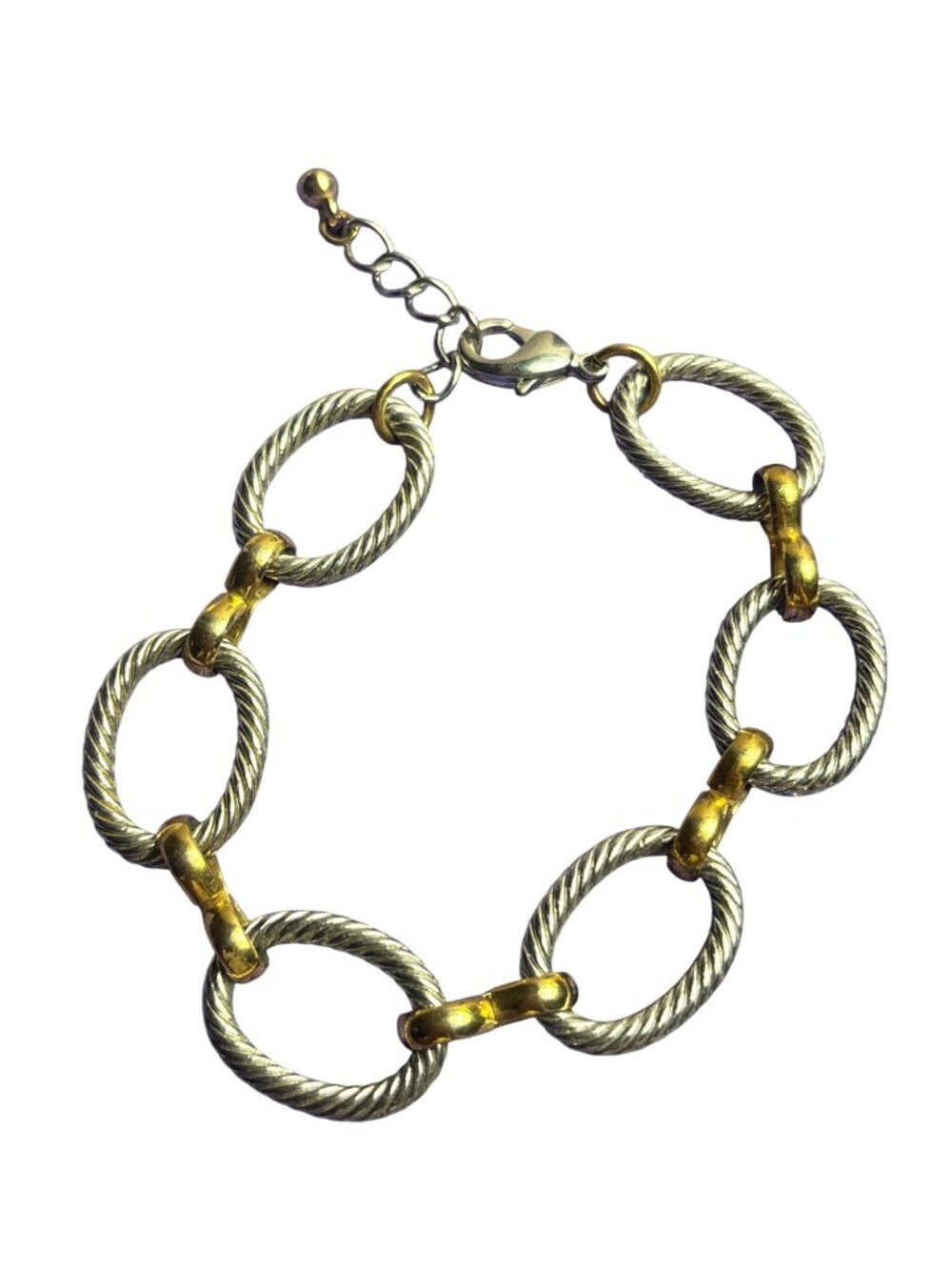 Silvertone Rope Textured Oval Chain Bracelet Goldtone 6.75 - 7.75 inches